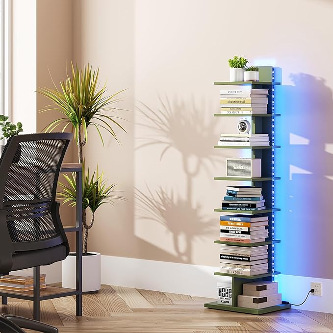 TUTOTAK Narrow Bookshelf, 8-Tier Bookcase with LED Lights, Spine Book Shelf for Small Space, Corner Standing Shelf for Living Room, Office, Study, Entryway, Olive Green BS06BOG008L