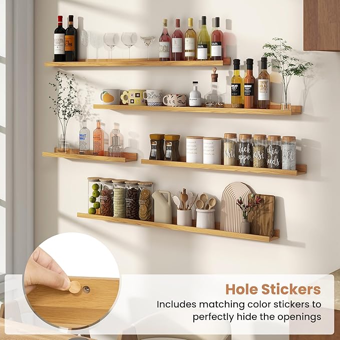Fun Memories Picture Ledge Shelves Set of 4, 24 Inch Rustic Wall Mounted Floating Shelves with Lip for Home Storage and Décor in Bathroom, Kitchen, Nursery, Bedroom, Living Room, Oak