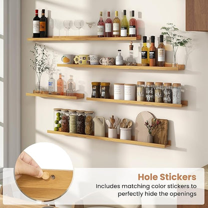 Fun Memories Picture Ledge Shelves Set of 4, 24 Inch Rustic Wall Mounted Floating Shelves with Lip for Home Storage and Décor in Bathroom, Kitchen, Nursery, Bedroom, Living Room, Oak