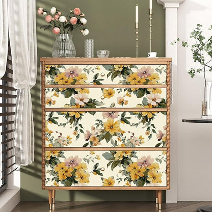 Yellow Floral Wallpaper Peel and Stick, Vintage Botanical Contact Paper 17.5" x 118", Retro Flower Wall Paper Self Adhesive Removable Waterproof for Bathroom Bedroom Shelf Cabinet Drawer Table