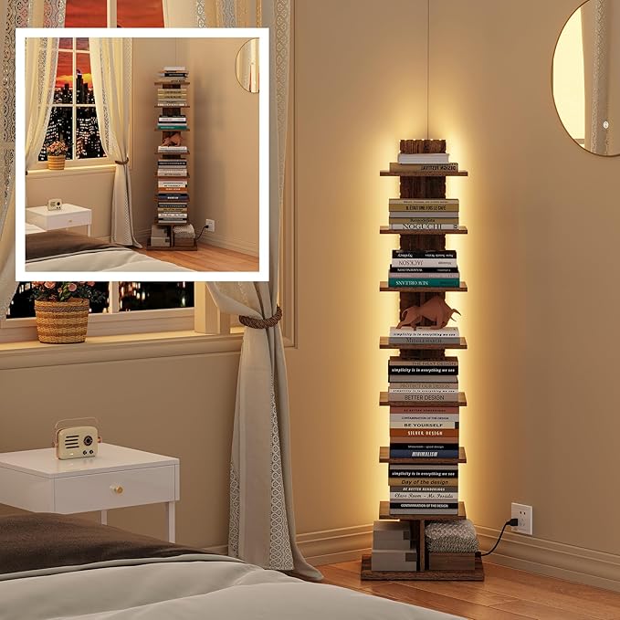 TUTOTAK Narrow Bookshelf, 8-Tier Bookcase with LED Lights, Spine Book Shelf for Small Space, Corner Standing Shelf for Living Room, Office, Study, Entryway, Rustic Brown BS06BB008L