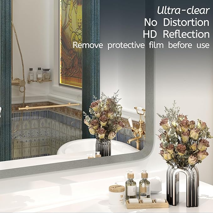 OKPAL 20 x 24 Inch Brushed Nickel Bathroom Mirrors, Rounded Rectangle Silver Bathroom Vanity Mirror, Beveled Framed Mirror for Wall, HD Glass, Anti-Rust Aluminum Alloy Mirror