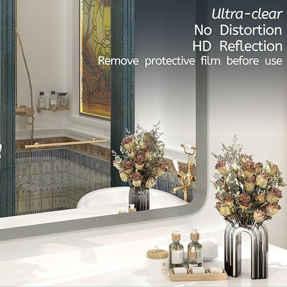 OKPAL 30 x 36 Brushed Nickel Bathroom Mirrors for Over Sink, Rounded Rectangle Bathroom Vanity Mirror, Brushed Silver Framed Farmhouse Mirror, HD Tempered Glass Wall Mirror(Horizontal/Vertical)