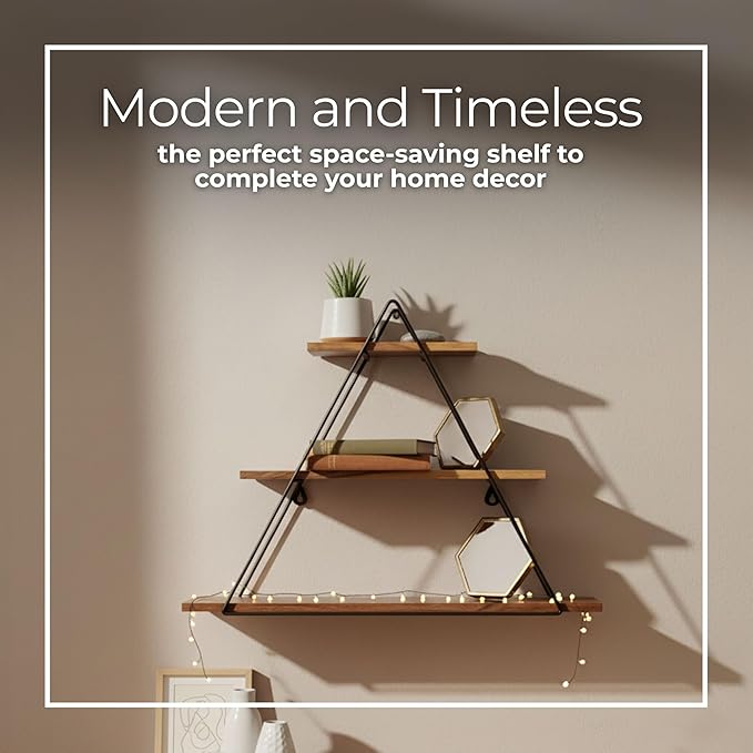 Triangle Decorative Wall Shelf – 3-Tier Metal & Wood Home Decor Floating Display Shelf – Modern Wall Shelves for Bathroom, Bedroom & Living Room – Brown & Black, 20"