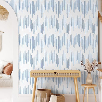 WENMER Blue Striped Wallpaper, Geometric Peel and Stick Wallpaper, 17.7''×118'' Blue and White Contact Paper, Self Adhesive Removable Wall Paper for Bathroom Cabinets Kitchen