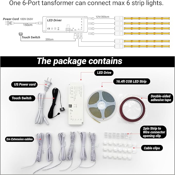 HAMRVL LED Shelf Lights, 16.4ft 12V COB LED Strip Lights, Plug-in DIY Cut to Size 4000K Natural White Tape Lights, Dimmable Under Shelf Lighting for Bookcase, Kitchen Cabinet, Display Case, Showcase