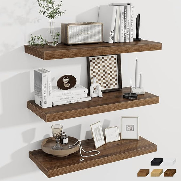 Fun Memories 24 x 12 Inch Deep Floating Shelves, 12 Inch Deep Rustic Wooden Book Shelf, Extra Deeper & Thicker Hanging Shelves for Living Room, Bathroom, Bedroom, Kitchen, Office, Set of 3(Walnut)