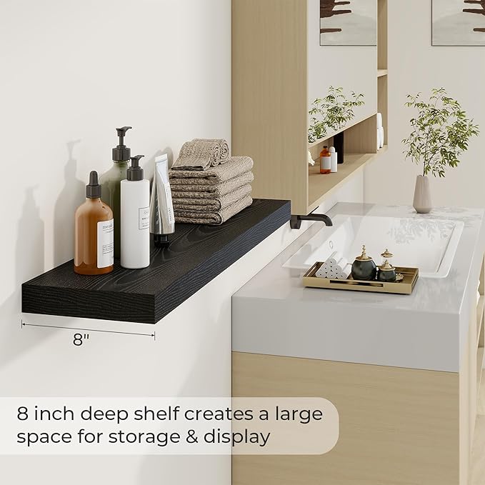 Dreamland 36 Inch Long Floating Shelves in Black,8 Inch Deep Floating Shelf for Wall,Large Display & Storage Shelf, Wall Shelf for Bathroom Bedroom Living Room Kitchen Office，Set of 2