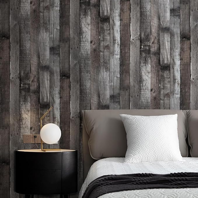 Yun-aeon Natural Wood-Dark Grey Wood Contact Paper Peel and Stick Wallpaper 17.3