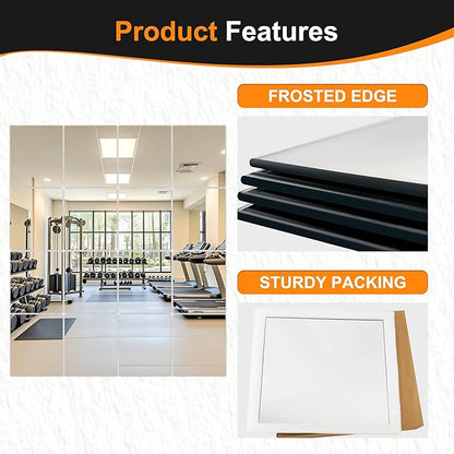 Delma Home Gym Mirror Tiles, 14'' x 12'' Glass Frameless Mirror (16 PCS), Large Wall Mirror for Home Gym,Bedroom,Door,Bathroom