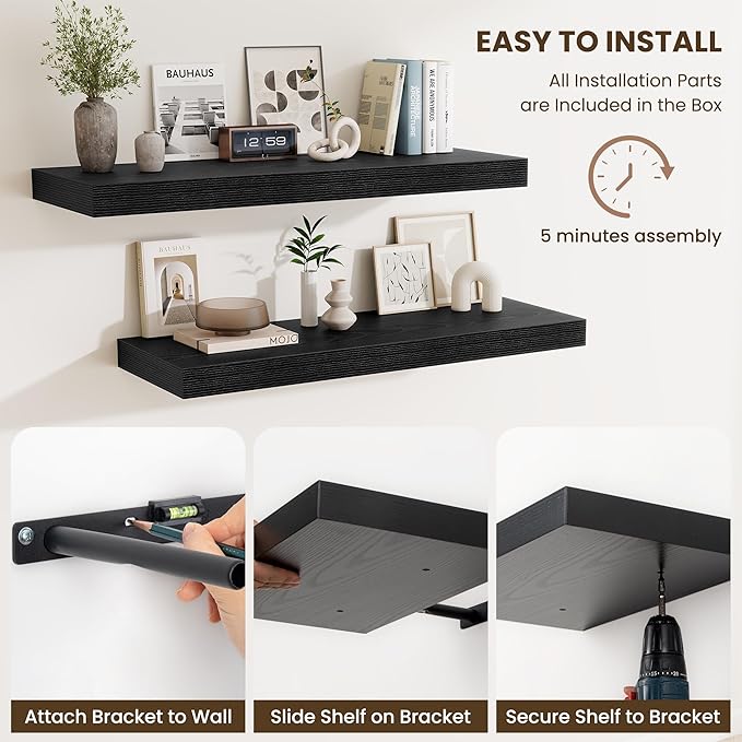 Fun Memories 24 Inch Floating Shelves Wall-Mounted, 12 Inch Deep Wall Shelves, 24 x 12 Floating Shelf, Deep Storage Shelf for Living Room Bathroom Bedroom, Black, Set of 2