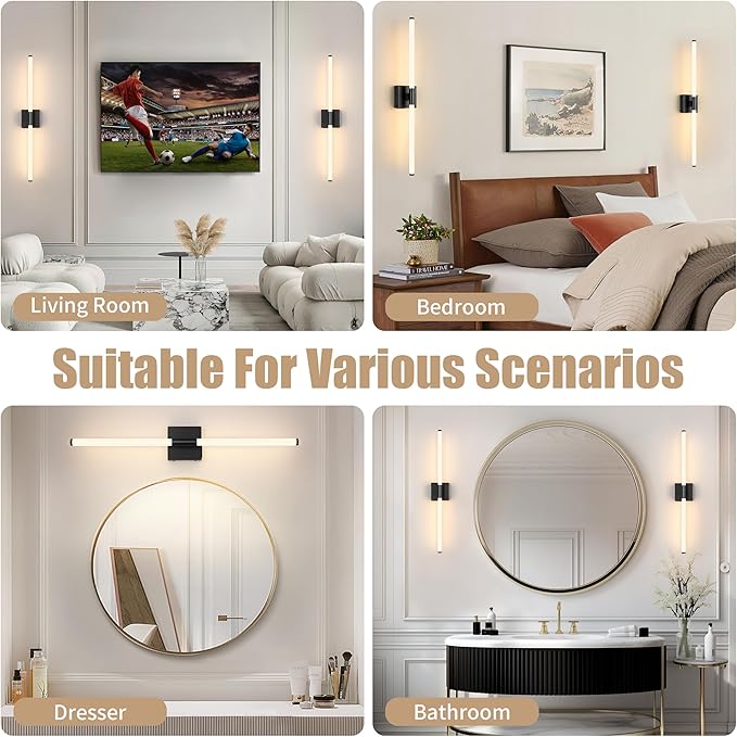 Battery Operated Wall Sconces Set of 2, Rechargeable Battery Wall Sconce with Remote, Dimmable 3 Color LED Wireless Wall Lights, 360° Full Lighting, Timer & Memory Function, 24" Black