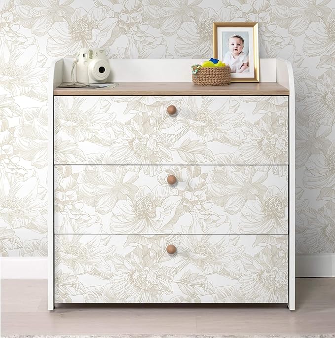 Ismoon Large Floral Peel and Stick Wallpaper Boho Beige/Coffee Contact Paper 17.3inx16.4ft Modern Wall Paper Removable Self Adhesive Bedroom Cabinet Bathroom Waterproof Mural Wall Decor Vinyl Roll