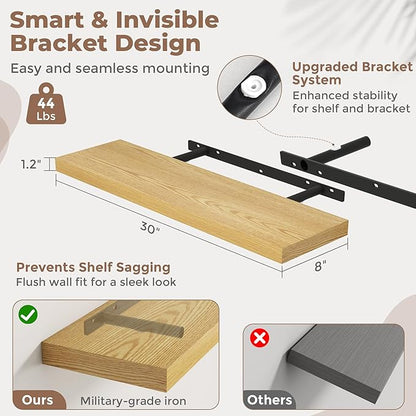 30 Inch Floating Shelves for Wall Set of 2, 8"D Wood Grain Bathroom Shelves with Invisible Brackets, Easy Install Engineered Wood Storage Shelves for Kitchen, Living Room, Bedroom, Oak Finish