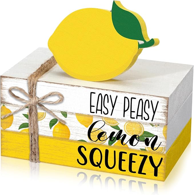 Geelin 4 Pcs Lemon Book Stack Decor, Wooden Faux Books for Home Table Centerpiece, Lemon-themed Kitchen Tiered Tray Decorations, Rustic Farmhouse Summer Lemon Decor for Living Room & Dining Table