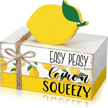Geelin 4 Pcs Lemon Book Stack Decor, Wooden Faux Books for Home Table Centerpiece, Lemon-themed Kitchen Tiered Tray Decorations, Rustic Farmhouse Summer Lemon Decor for Living Room & Dining Table