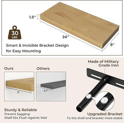 RICHFOCUS 24Inch Floating Shelves for Wall 2 Pack Shelves for Bedroom|Kitchen|Bathroom Wall Mounted Rustic Wood Floating Shelf with Invisible Brackets for Books|Storage|Decor, Oak