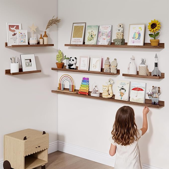 Heimlove Picture Ledge Shelf,24 inch Long Floating Shelves for Wall Set of 2,Picture Shelf with Lip for Wall Decor,Living Room,Bedroom,Bookshelf,Nursery,Perfume,Walnut Color