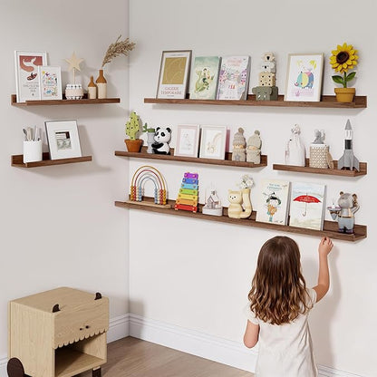 Heimlove Picture Ledge Shelf,24 inch Long Floating Shelves for Wall Set of 2,Picture Shelf with Lip for Wall Decor,Living Room,Bedroom,Bookshelf,Nursery,Perfume,Walnut Color