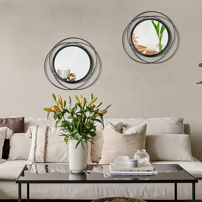 Cityelf 2 Set 13.3'' Black Circle Mirrors Wall Decor Iron Frame Wall Art Round Mirror Home Decor Hanging for Living Room/Bedroom/Bathroom/Entryway (Medium Size 13.3 inch,Circles)
