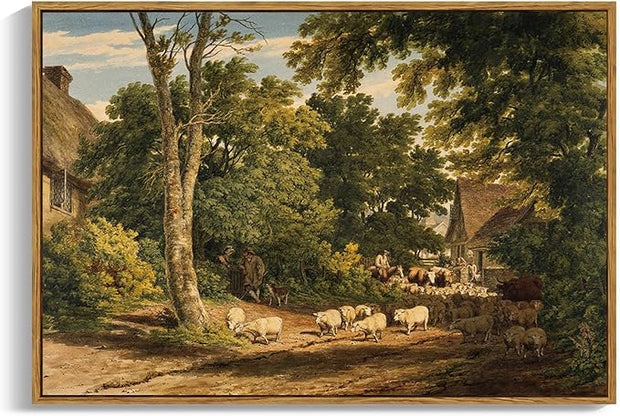OIQArtOIQ Vintage Framed Wall Art Rural Farm Scene Canvas Art Prints Countryside Landscape Pictures Wall Decor Modern Rustic Farmhouse Paintings Artwork For Bedroom Bathroom Office Living Room