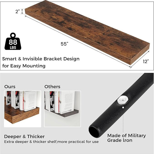 Floating Shelves for Wall, 55 Inch Wide x 12 Inch Deep Floating Shelves, Long Wood Floating Wall Shelf Shelves for Living Room Bathroom Bedroom Kitchen Home - (Brown, 55" W x 12" D x 2" H)
