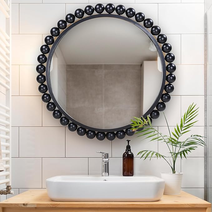 Hamilton Hills Black Circle Mirror - 33 x 33in - Chic Round Mirror for Living Room, Bathroom, Entryway, Vanity Decor -Dimensional Crystal Clear Beads Reflect Light - Home Wall Decor