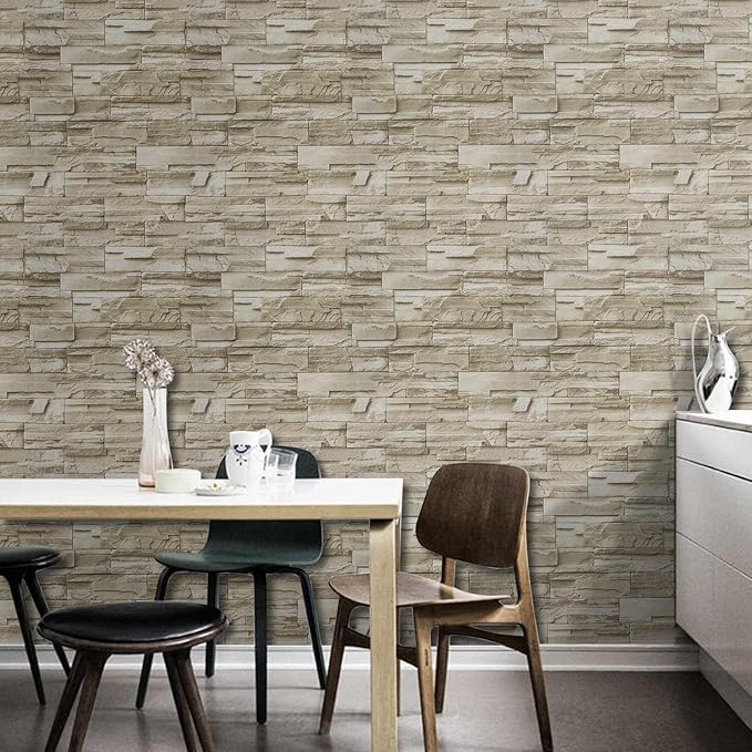 Abyssaly Stone Brick Wallpaper Peel and Stick, Brick Contact Paper for Kitchen Backsplash, Removable Self Adhesive Faux Stone Brick Wallpaper for Living Room Fireplace Accent Wall 17.71" X 393.7"