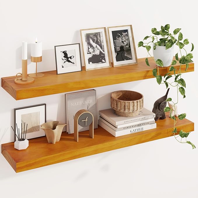 Fun Memories Wood Floating Shelves Set of 2, Rustic Pine Wood Floating Shelves for Wall Mounting, Wide Wall Shelf for Home Decor and Storage, 36" W x 7" D, Honey Oak