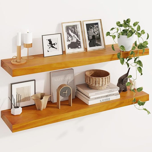 Fun Memories Wood Floating Shelves Set of 2, Rustic Pine Wood Floating Shelves for Wall Mounting, Wide Wall Shelf for Home Decor and Storage, 36" W x 7" D, Honey Oak