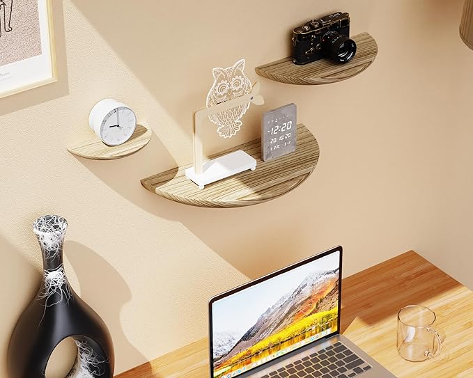 Solid Wood Half Round Floating Wall Shelves | Elegant Floating Shelves, Elevate Your Space. Perfect for Living Rooms, Bathrooms, Bedrooms, Offices, Children's Rooms Light Brown