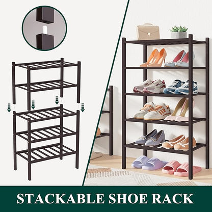Smiry Bamboo Shoe Rack for Closet, 2 Tier Small Wooden Stackable Shoe Organizer, Free Standing Shoes Storage Shelf for Entryway, Front Door Entrance, Brown