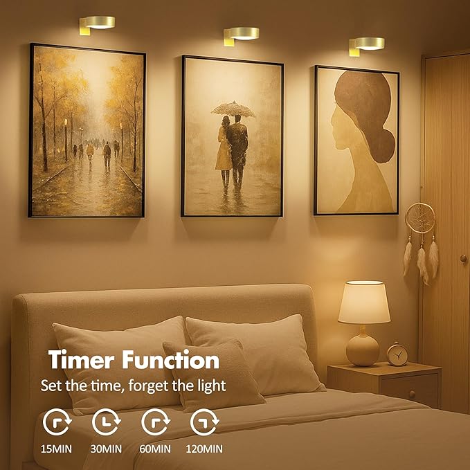 3Pcs Battery Operated Picture Light, Magnetic Led Painting Light with Remote Dimmable and Timer, 3 Lighting Modes Art Display Light for Picture Frame Paintings, Wireless Wall Decor Puck Lights, Gold