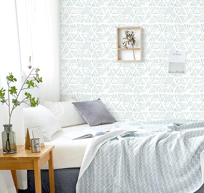 Peel and Stick Wallpaper Modern Geometric Wallpaper 17.3" x 197" Boho Green and White Contact Paper Striped Self Adhesive Removable Wall Paper for Bedroom Cabinets Drawers Waterproof Vinyl Roll