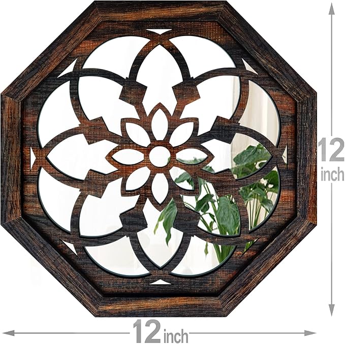2-Piece Octagon Wall-Mounted Mirrors,Vintage Farmhouse Mirror for Wall Decor,Caramel Color Decorative Accent Mirror for Foyer, Bathroom, Bedroom. (12”x12”)