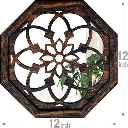 2-Piece Octagon Wall-Mounted Mirrors,Vintage Farmhouse Mirror for Wall Decor,Caramel Color Decorative Accent Mirror for Foyer, Bathroom, Bedroom. (12”x12”)