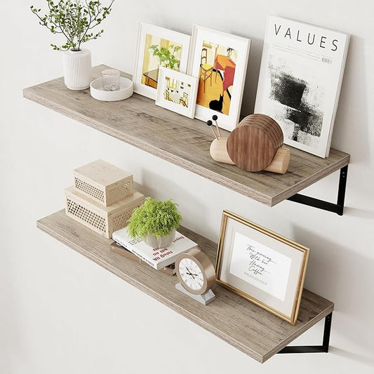Axeman 12 Inch Deep Floating Shelves for Wall - 36 Inch Wide x 12 Inch Deep Wall Shelves Set of 2 - Rustic Grey Wood Floating Shelves for Living Room