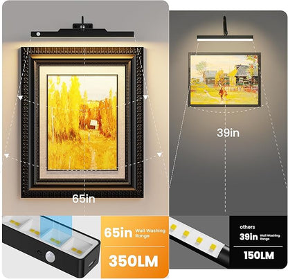 Picture Light for Wall Art Motion Sensor – 16'' Wireless and Dimmable Gallery Light, 5000mAh Battery Operated with Remote Control Art Light Over Frame Paintings and Artworks (Black)