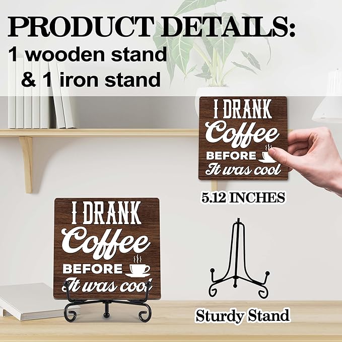 Coffee Bar Decor, Farmhouse Kitchen Table Decor, Coffee Station Accessories, Wooden Decorative Sign with Iron Stand for Table Desk Shelf Display-E13