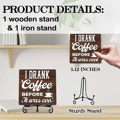 Coffee Bar Decor, Farmhouse Kitchen Table Decor, Coffee Station Accessories, Wooden Decorative Sign with Iron Stand for Table Desk Shelf Display-E13