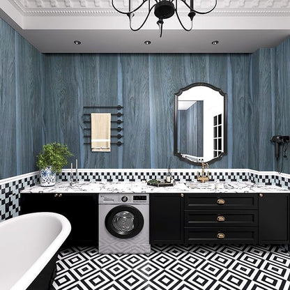 BOMENG Blue Wood Wallpaper Stick and Peel Peacock Wood Grain Contact Paper for Cabinets Wood Look Wallpaper with Air Guide Slot Design 16x197inch Wood Vinyl Wrap Waterproof Countertop Contact Paper