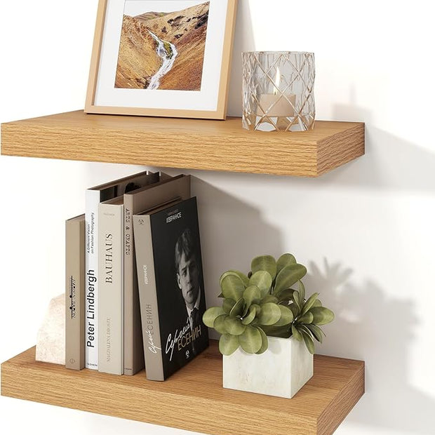 Floating Shelves for Wall, 7.9" Deep Wall Mounted Wood Shelves for Bathroom, Bedroom, Living Room, Kitchen, Hanging Shelf for Books/Storage/Room Decor (Oak, 16")