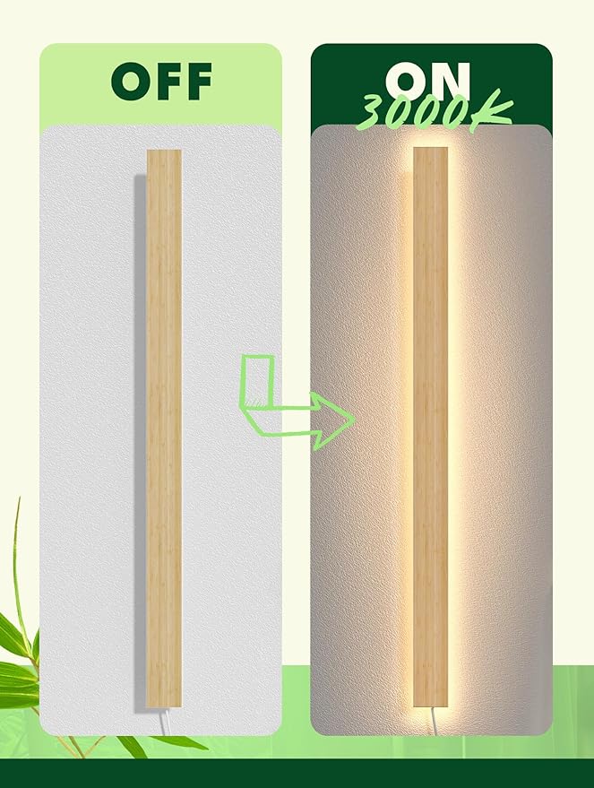 1 Pack Modern Plug in Long Wall Sconce 31.4‘’ LED Bamboo Wall Lights 24W Long Strip Indoor Wall Lamp 3000K with 6.5FT Plug in Cord and On/Off Switch on The Cord for Living Room Hallway Stairwell