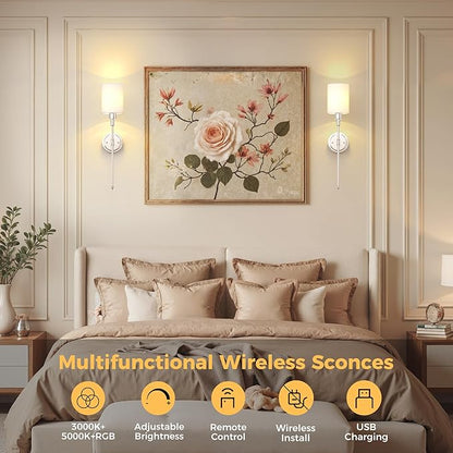 DORESshop Battery Operated Wall Sconce Set of 2, Wireless Wall Light Easy to Install, 7 Color Rechargeable Wall Sconces, Sconce Wall Decor Set of 2 for Bedroom, Living Room, Chrome, 24.3in