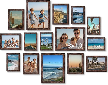 BESCRCL 15 Pack Real Glass Picture Frames Collage Wall Decor, Including 3pcs 8x10, 6pcs 5x7, 6pcs 4x6 Photo Frames for Gallery Wall or Tabletop Display, Brown