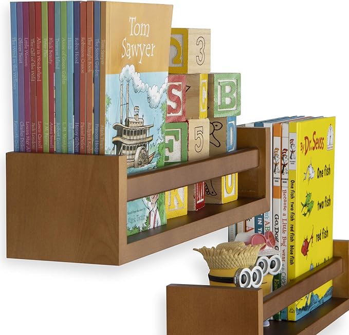 Wallniture Utah Floating Shelves for Wall, Wood Bookshelf for Kids Books, Picture Frames, Nursery Wall Decor, Walnut, Set of 2