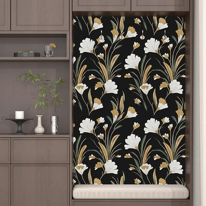 Black Gold Peel and Stick Wallpaper White Floral Contact Paper 17.5in x 118in Dark Vintage Plants Lines Flower Self Adhesive Waterproof Removable for Room Shelves Cabinet Drawer Table Decor