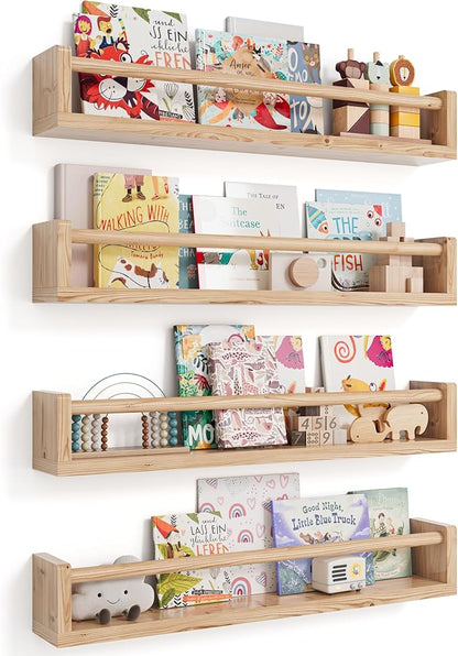 Nursery Book Shelves, 4 Pack, Wall Book Shelves for Kids Room, Baby, Toddler, Nursery Decor (Wood, 23 Inches)