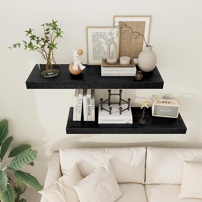 Black Floating Shelves 36 Inch Long, 12 Inch Deep Floating Shelves for Wall, 36 x 12 Shelves for Wall Storage & Display, 2
