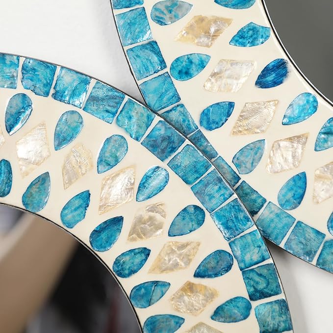 Handmade Mother of Pearl Mirror for Wall Decor, 3PCS Round Decorative Mirrors for Beach Nautical Home Hotel Coffee Shop, Natural Plate Art Hanging Sculpture for Dorm Apartment Entryway (Blue)